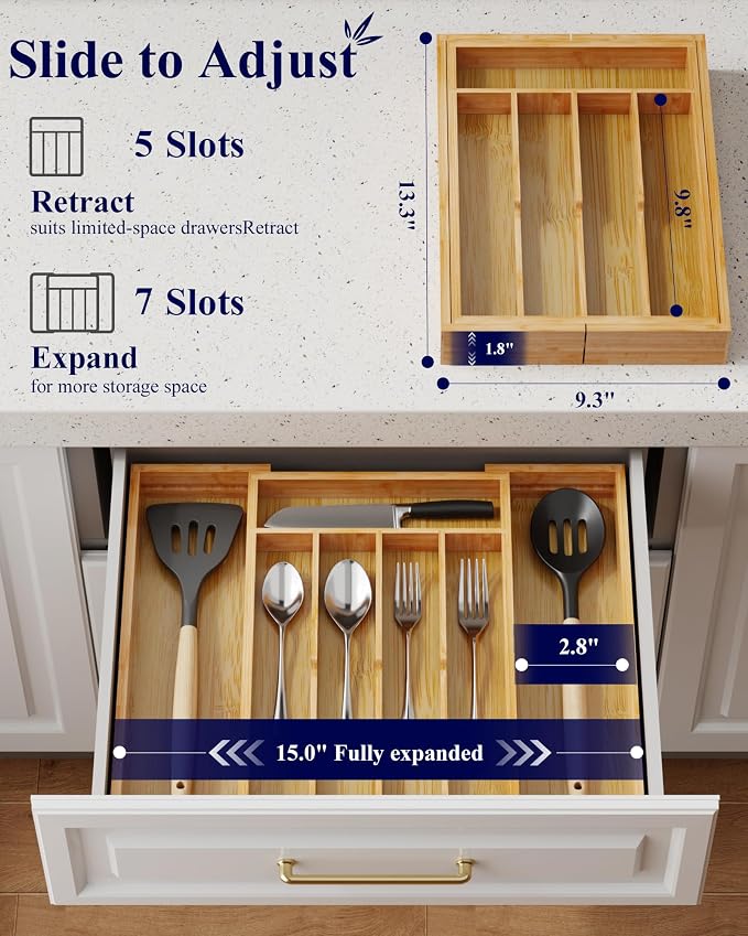 Kitsure Silverware Organizer, Bamboo Kitchen Drawer Tray, Natural, Medium | Expandable Drawer Kitchen Organizer, Cooking Utensils & Cutlery, Sturdy & Thickened Design, Storage Solution - Image 2