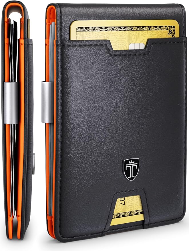 TRAVANDO Money Clip Wallet - RFID Protected Leather Wallet for Men for 11 Cards - including Gift Box (Black & Orange) by TRAVANDOWallets