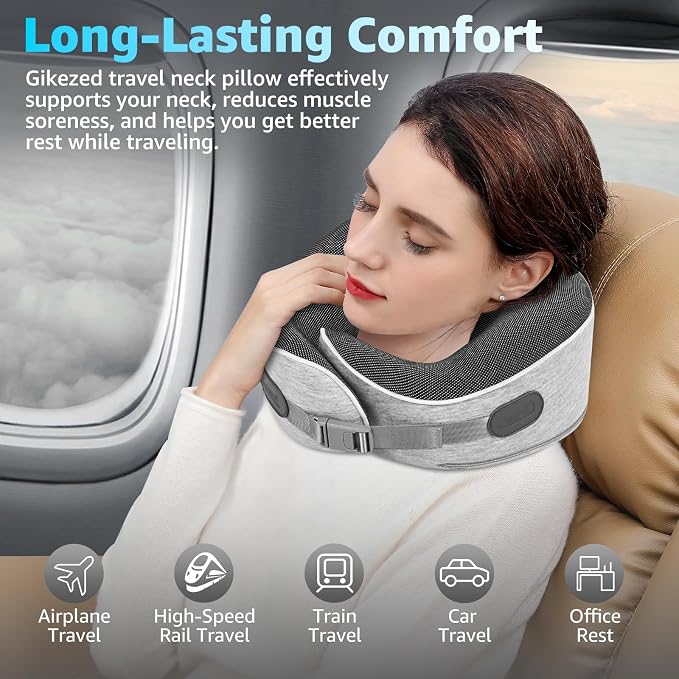 Memory Foam Travel Neck Pillow | Ergonomic 360 Degree Head Support for Airplane, Car and Office Sleeping, with Breathable Cotton Cover and Carry Bag, Gray-1 - Image 4
