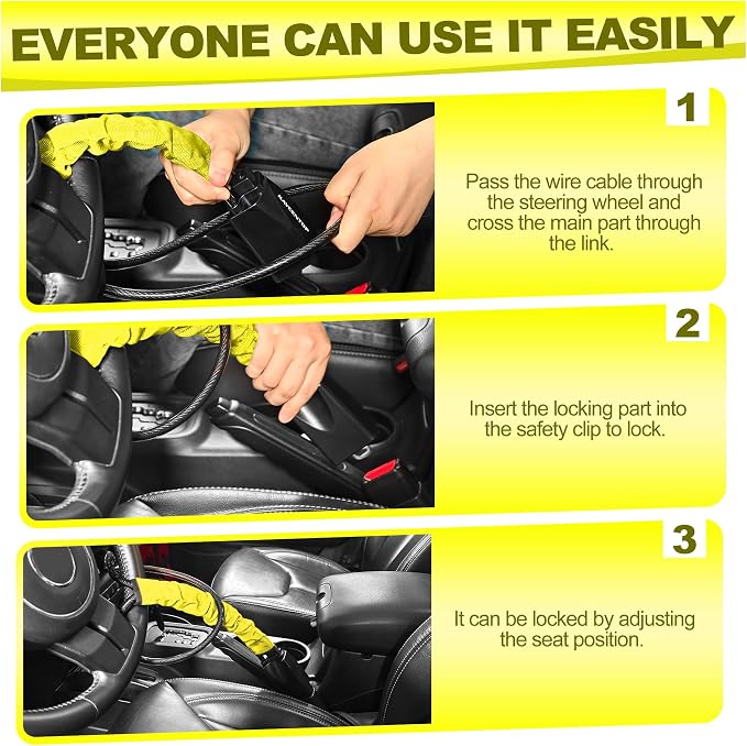 KAYCENTOP Car Steering Wheel Lock, Seat Belt Lock, Anti-Theft Device, Max 17 Inch Length, Small and Light-Weight, Multi-Functional, Fit Most Vehicle, SUV, Golf Cart Security (Yellow) - Image 3