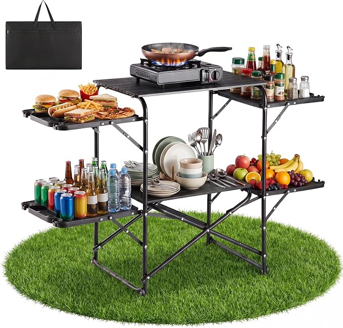 VEVOR Camping Kitchen Table, Slim-Fold Cook Station, Portable Folding Table, with 4 Side Tables, Heat Resistant Tabletop, and Carrying Bag, Ideal for Outdoor Picnics, BBQs, Camping, RV Traveling by VEVOR
