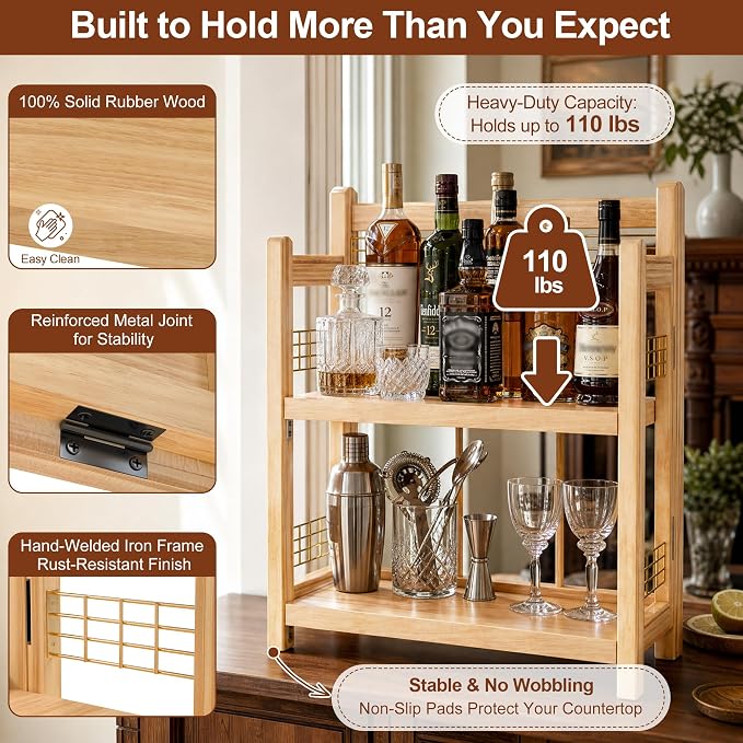 No-Assembly Coffee Bar Organizer, 2-Tier Coffee Station Shelf | Foldable Oak Wood Shelf, Coffee Station Accessories Storage for Syrup & Pod, 3 Hooks for Mugs, Kitchen Condiment Rack Natural - Image 4