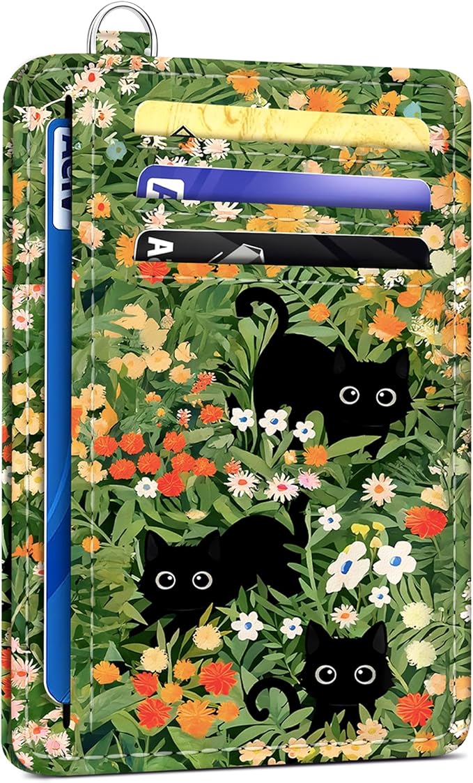 SEAVILIA Small Credit Card Holder for Women, Slim RFID Blocking Wallet | Cute Mini ID Card Case, Thin Minimalist Pocket Wallet, Gift for Girls, Black Cat Floral by seavilia