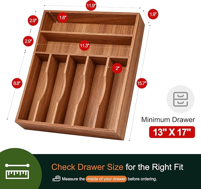 Kitchen Acacia Silverware Organizer - Extra Deep Grooved Drawer Divider, 7 Slot Utensil Organizer - Image 2