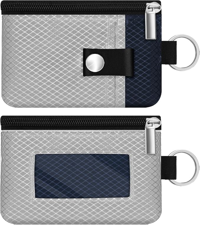 Minimalist RFID Blocking Small Wallet with ID Window,WaterResistant Zip Id Case Wallet with Lanyard Keychain for Cards,Cash,Travel,Women,Men (Light gray/Dark blue) by CCUMI