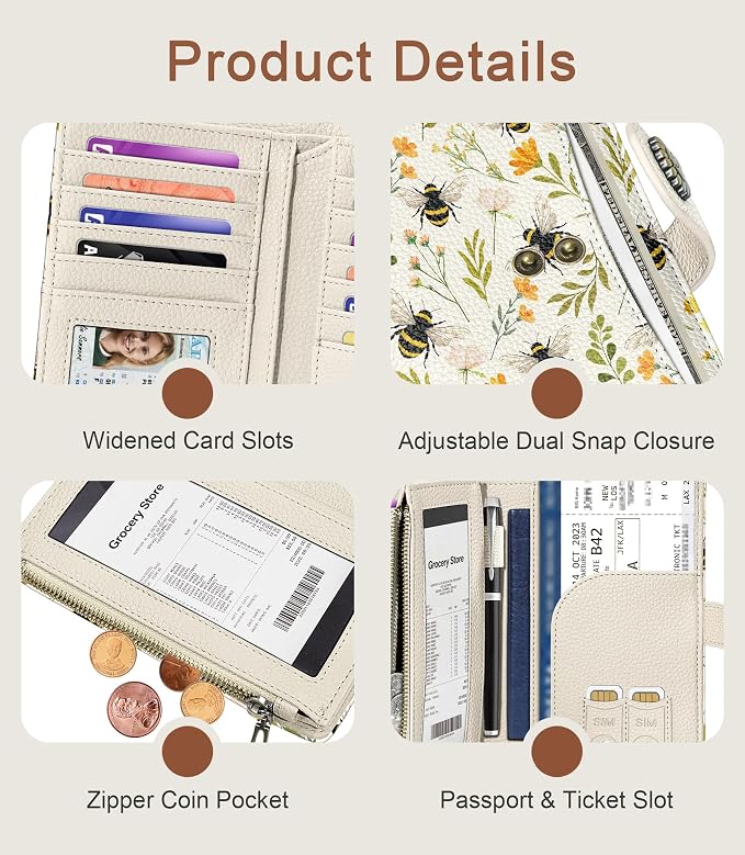 Bees Wallet Women RFID Bifold, Passport Holder, Credit Card Holder | 6.7" x 4.4" x 1.3" Travel billfold, Zipper Coin Pocket, PU Leather Clutch, Purse, ID Window, Pen Holder, Gift for Ladies Girl - Image 6
