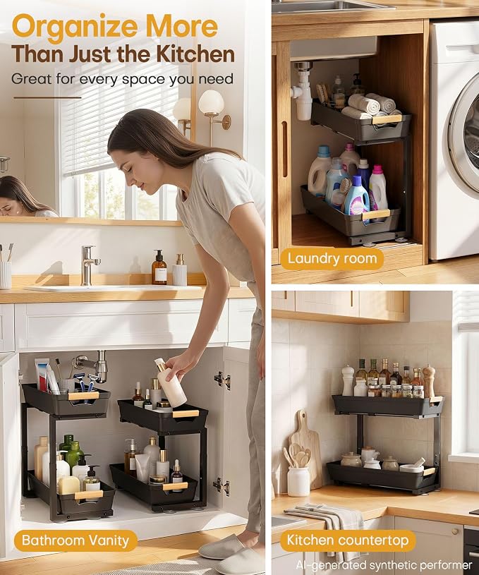 Homde Sliding Under Sink Organizer: 2-Pack Pull-Out Rack for Kitchen | 4 Easy-Access Baskets for Cluttered Cabinets - Busy Families Find Everything Instantly - Full-Extension Glide Design - Image 4
