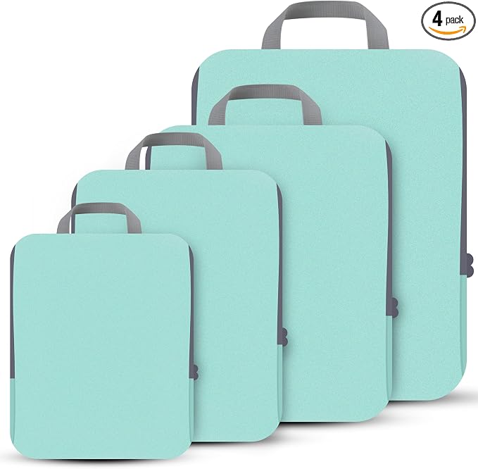 4 Set Compression Packing Cubes Travel - Travel Accessories Expandable Packing Organizers for Carry On - Essentials Luggage Bags - Light Teal by PANDA+JOYS