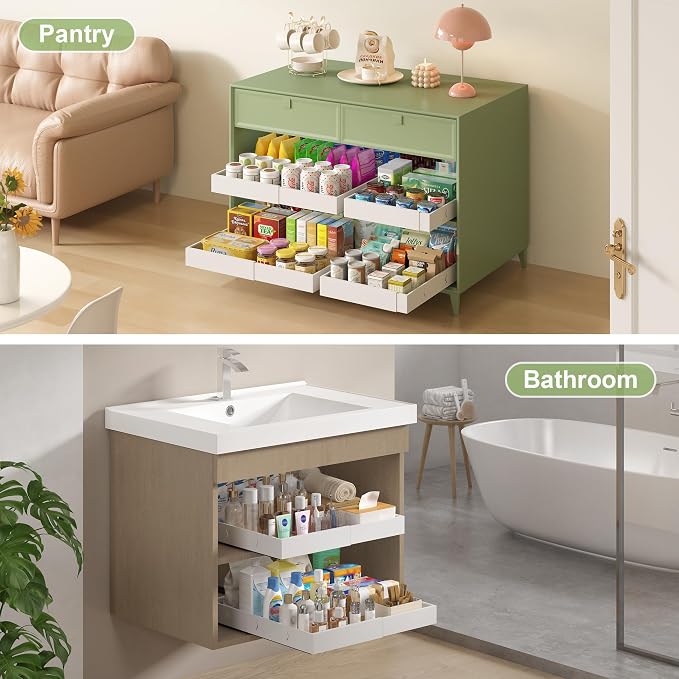 2-Pack-Expandable-Pull-Out-Cabinet-Organizers, No Drill Slide Out Drawers | Adjustable Pull Out Shelf With Raising Pad For Kitchen Framed Cabinet, Heavy Duty Sliding Roll Out Drawers Inside Cabinet - Image 3