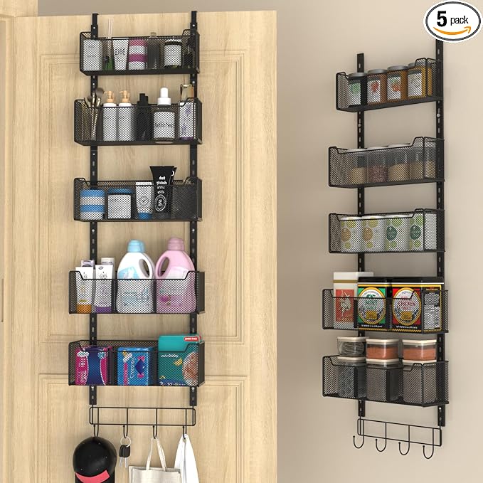 VyGrow Over The Door Organizer, Metal Door Organizer Hanging with 5 Adjustable Baskets and Coat Hook, Behind The Door Storage for Bedroom Closet Bathroom Pantry Cabinet Kitchen, Black by VyGrow