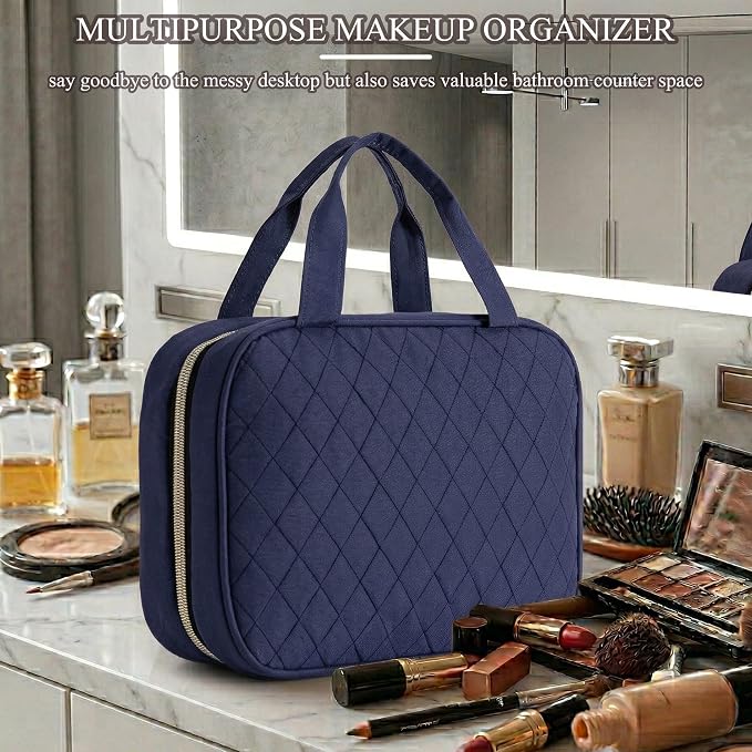 Travel Toiletry Bag for Women, Large Hanging Makeup Cosmetic Bag, Dark Blue | Big Compartment but Portable, Water-resistant Makeup Organizer Bags for Accessories, Shampoo, Full-size Container, Toiletries - Image 2