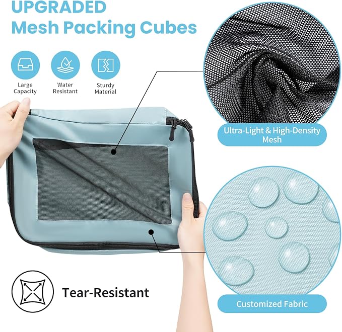 Mesh Packing Cubes for Travel, Durable Luggage Organizer with Sturdy Material and Double Zippers, Comprehensive Set for Travel Accessories Storage, 10 set, teal - Image 3