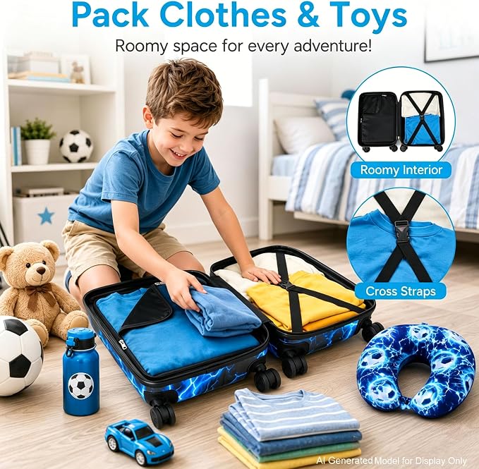 Lightweight Hardshell Spinner Kids Carry On Luggage Set 2PCS with Wheels - Airplane Approved Suitcase for Boys & Children Ages 3-10, Lightning Soccer Rolling Suitcases for Elementary Toddler Travel - Image 3