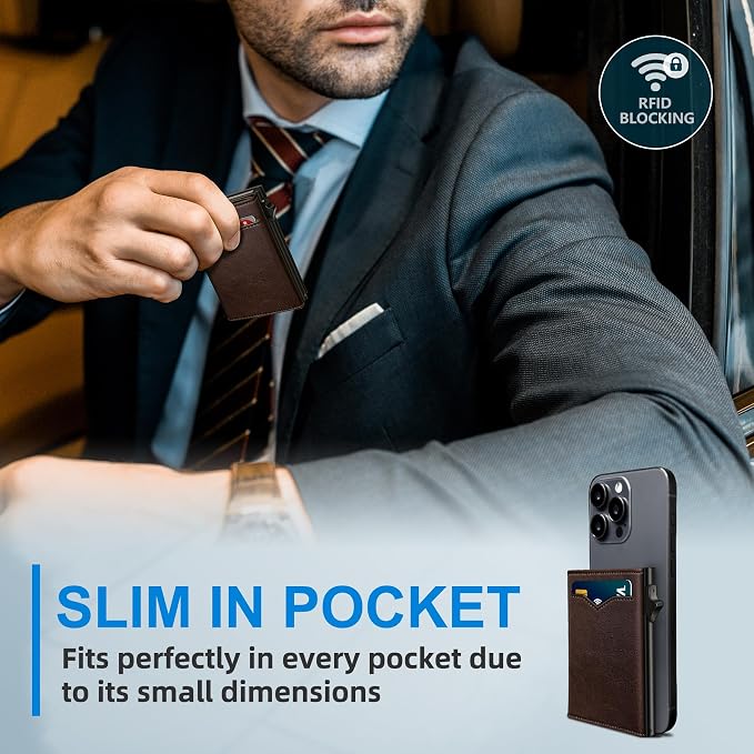 Wallet for Men,with Cash Pocket 2 ID Window 9-13 Cards,Metal Case Smart Slim Pop Up Credit Card Holder Flip with Magnetic Closure RFID Blocking Trifold wallet with Gift Box - Image 6