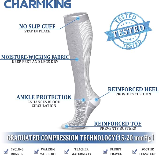 CHARMKING Compression Socks for Women & Men Circulation (3 Pairs) 15-20 mmHg is Best Support for Athletic Running Cycling - Image 5