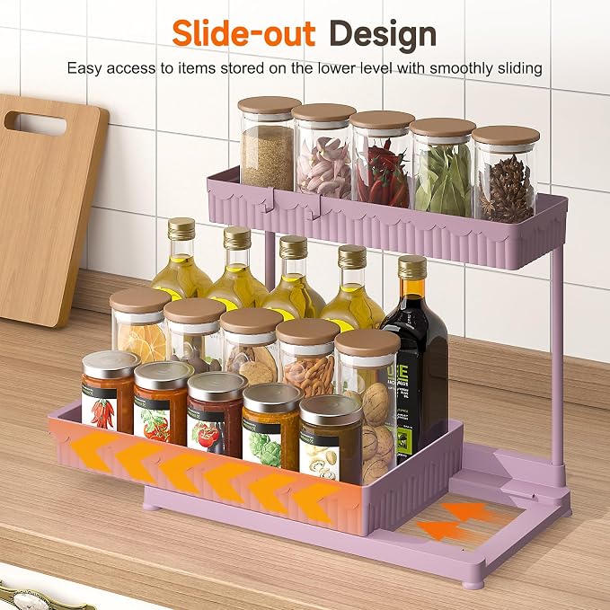 3-Pack 2-Tier L-Shaped Under Sink Organizers with Sliding Drawers | Multi-use kitchen & bathroom storage, 12.85 inch pink cabinet organizer, space-saving sliding drawer design. - Image 3