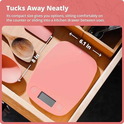 Greater Goods Food Scale, Slim & Compact Build, 1g Precision (Coral Pink) | Digital Kitchen Scale for Cooking, Meal Prep & Portion Control, Tare, Auto Shut-Off, g/oz/lb/ml Conversion & Calorie Tracking - Image 8