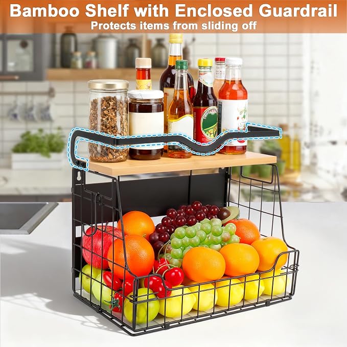Livabber Magnetic Fridge Organizer Basket with Wood Shelf, Large Fruit Vegetable Storage Bin, Spices Snacks Condiments Rack for Kitchen Pantry, Laundry Room, Office, Magnetic or Wall Mount (Black) - Image 3