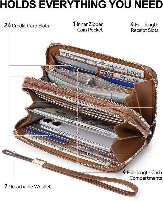 BOSTANTEN Wristlet Wallets for Women RFID Large Capacity Clutch Wallet | 24 Card Slots, 2 Zipper Pockets, Phone ＆ Card Holder, Zip Around, Hand Strap, Vegan Leather, Great Gifts - Image 3