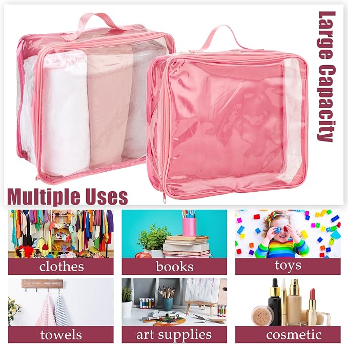 6 Pieces Large Clear Travel Packing Cube Clear Vinyl Zippered Storage Bags See Through Moving Bag PVC Multipurpose Pouch with Handle for Suitcase Shirts Dress Storage (Pink,11.8 x 10.2 x 3.9 Inch) - Image 7