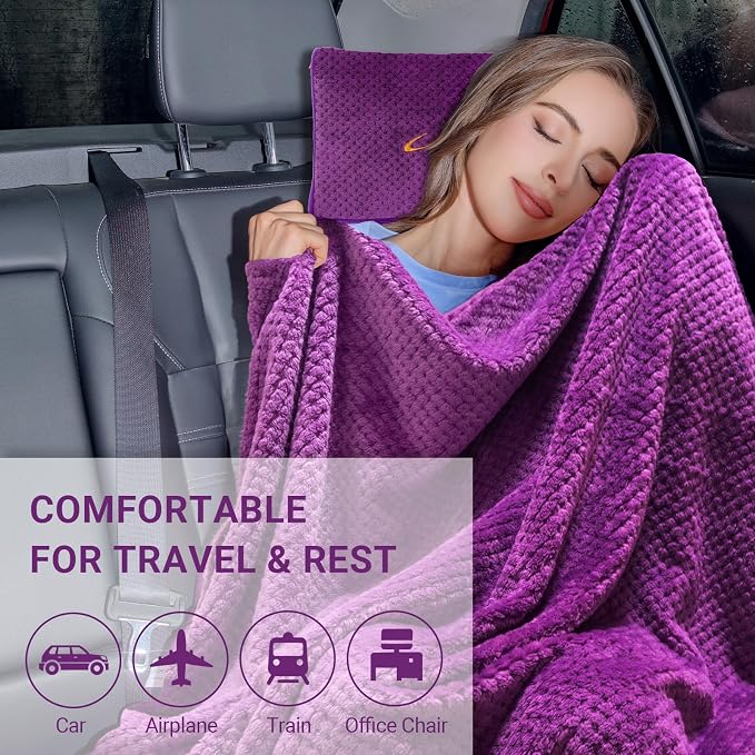 Travel Blanket Pillow-Premium Soft 2 in 1 Airplane Blanket for Long Trips Essentials with Bag Pillowcase, Hand Luggage Sleeve and Backpack Clip (Violet) - Image 7