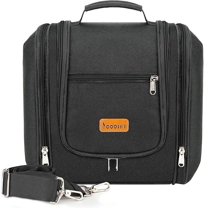 Hanging Travel Toiletry Bag for Women and Men, 6 Organizer Compartments, Large Toiletries essentials, Bathroom Cosmetic Accessories, Water-resistant Makeup Bag, Holds Full-Size Shampoo, Black by COOSKY