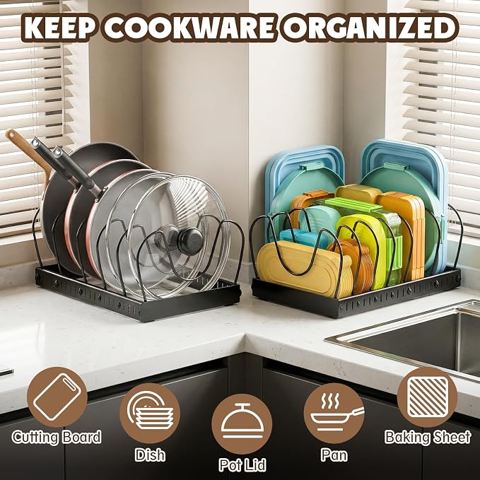 2PACK Pot Lid Organizers Inside Cabinet for Kitchen, Pots and Pans Organizer Under Cabinet with 16 Adjustable Dividers, Countertop Lid Holder, Rust-Resistant, Tool-Free Installation, Easy to Clean - Image 3