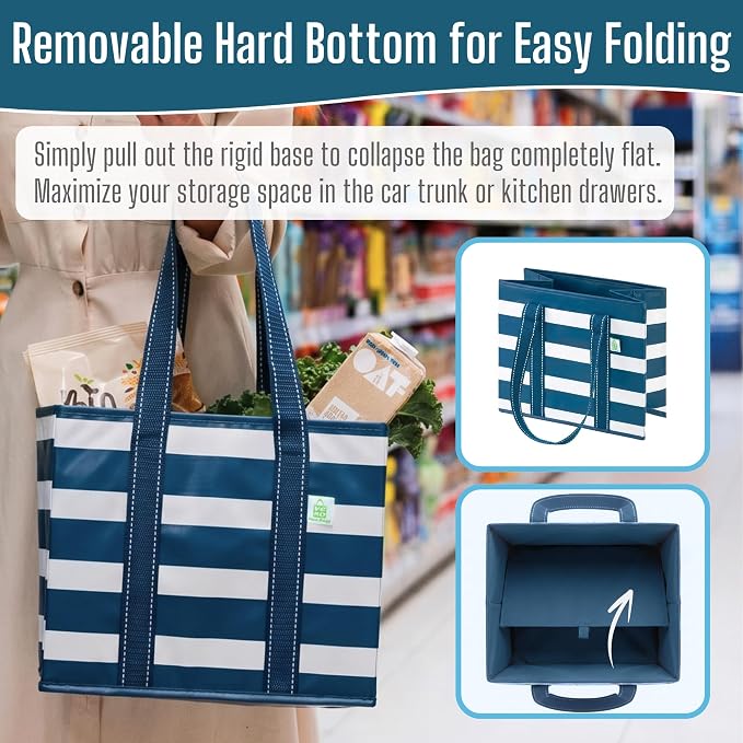 VENO 3 Pack Reusable Grocery Shopping Bags Utility Tote w/Sturdy Handles | Heavy Duty Storage Box with Hard Bottom, Foldable Picnic Basket for Groceries Shopping Cart(Classic Navy Stripe, 6 Gallon) - Image 7