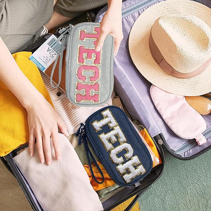 COSHAYSOO Small Electronics Organizer Bag with Chenille Letter Patch for Women Travel Gift, Cord Charger Cable Traveling Accessory Pouch Essential Supply Storage Case (Navy Blue) - Image 6