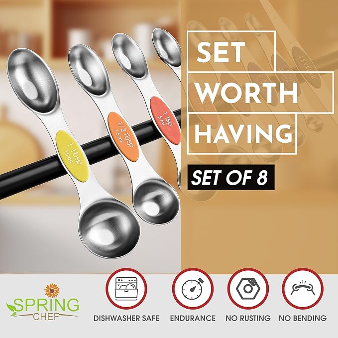 Spring Chef Stainless Steel 8 Magnetic Measuring Spoons, Mountain Sunrise | Nesting Metal Teaspoon & Tablespoon Measuring Spoons with Leveler for Dry & Liquid Ingredients, Dual Sided, Dishwasher Safe - Image 2