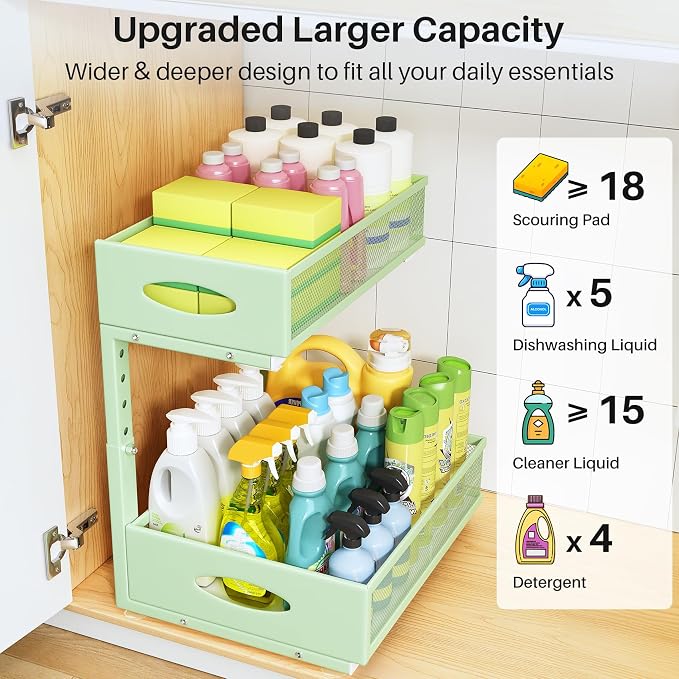 Under Sink Organizer, 2 Tier Pull Out Under Cabinet Organizer Shelf with Pad for Framed Cabinets, Metal Slide Out Under Sink Storage, Mesh Sliding Drawers for Kitchen Bathroom Laundry(Green, 1 Pack) - Image 3