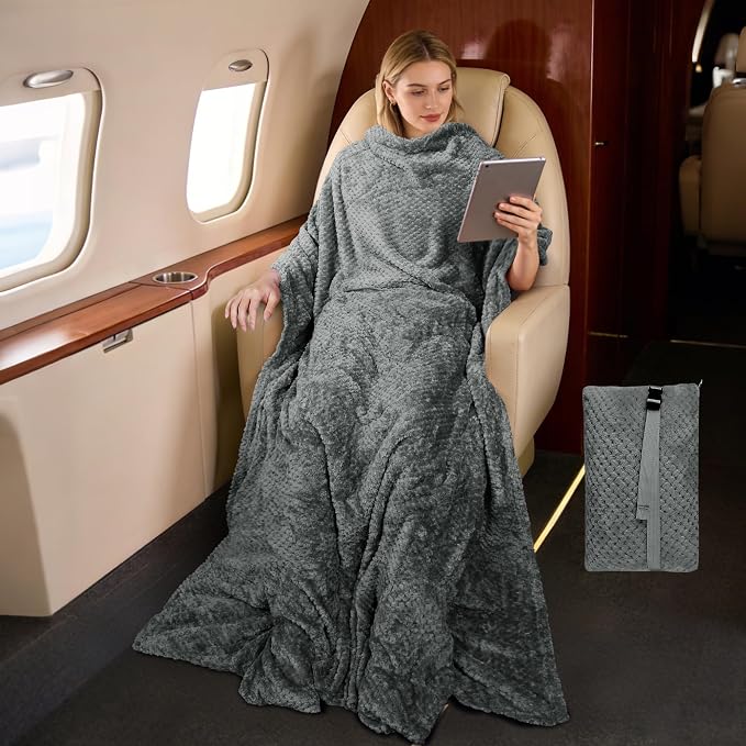 Tirrinia Travel Blanket and Pillow Set, Soft Compact Airplane Blanket with Foot Pockets, 4-in-1 Travel Essentials for Women Men, Portable Travel Gifts for Her, Travel Blanket for Airplanes, Cars by Tirrinia