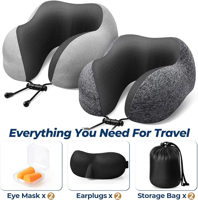ExploreBliss Travel Pillow, Neck Pillow Airplane, Grey & Light Grey | Travel Pillows for Airplanes, Neck Pillow Airplane, Memory Foam Neck Pillow Set with Eye Mask, Earplugs - Image 2
