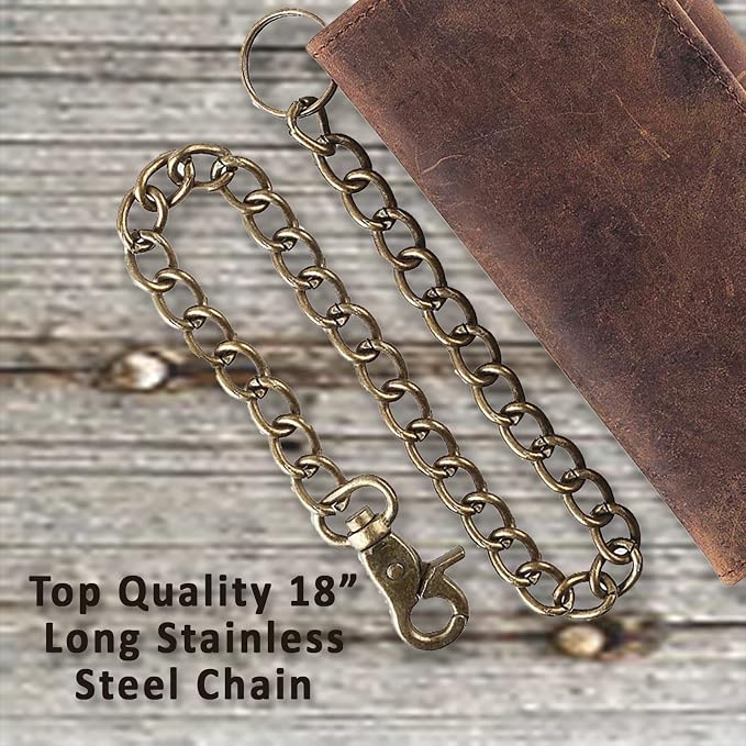F&L CLASSIC RFID Blocking Mens Tri-fold Long Style Cowhide Leather Steel Chain Wallet,buffalo vintage leather - Image 8