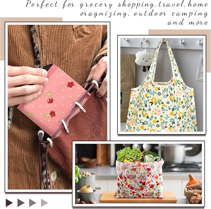 4 Pcs Reusable Grocery Bags, Foldable Shopping Bags Heavy Duty, Large Nano Bag Cute Tote Bag for Daily Shopping, Waterproof and Machine Washable (Flowers) - Image 6