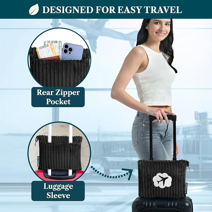 PAVILIA Travel Blanket Pillow, Soft Ribbed Fleece Airplane Blanket, Black | 65x40, Compact Packable Plane Throw with Bag, Luggage Strap and Back Pocket, Cozy Flight Essentials Travelers Camping Gift - Image 3