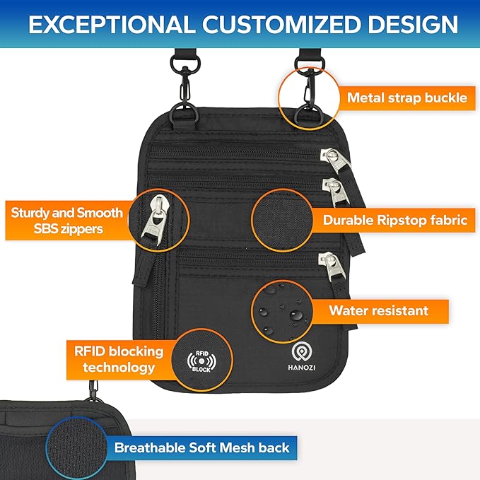 Neck Wallet – Travel Pouch and RFID Blocking Passport Holder for Women and Men, Easy to Conceal Passport Wallet, Slim Travel Wallet to Keep Your Cash, Passport, Cards and Documents Safe (Black) - Image 3