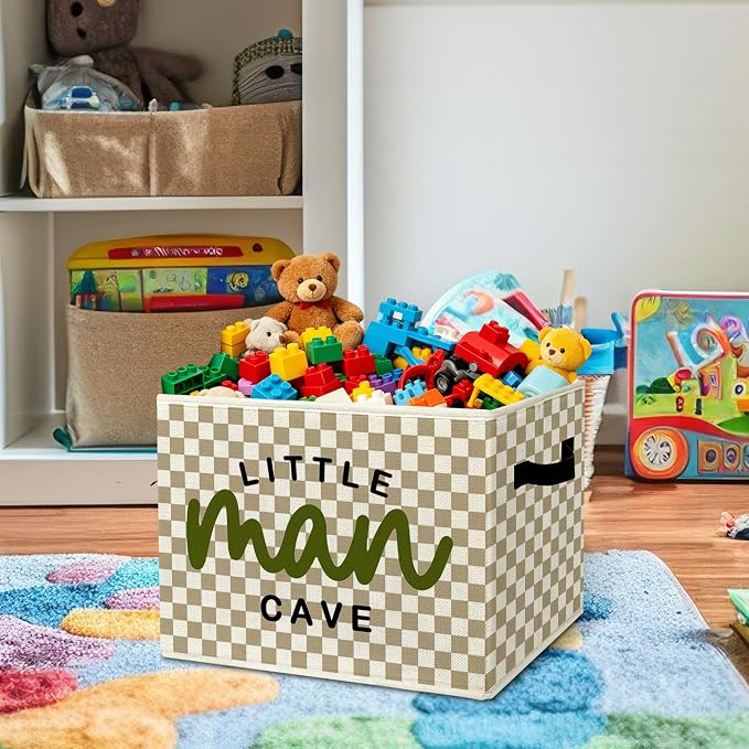 Boys Nursery Inspirational Storage Bins Box with Handles Organizer Basket | positive foldable basket for organizing, neutral gingham collapsible toys clothes for playroom toddler bedroom, 10x14 in - Image 2