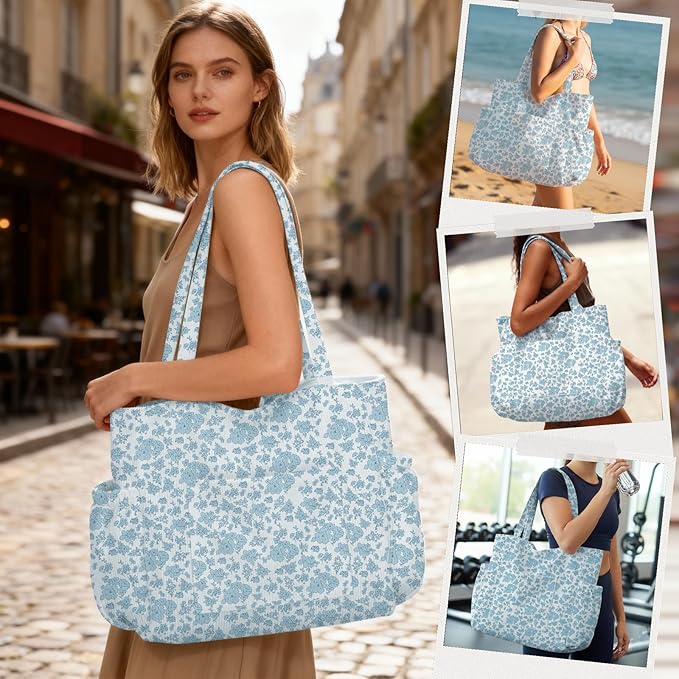 Corduroy Tote Bag for Women,Large Capacity Cute Tote Bags With 6 Pockets,Crossbody Shoulder Handbag for Work Travel Gym - Image 2