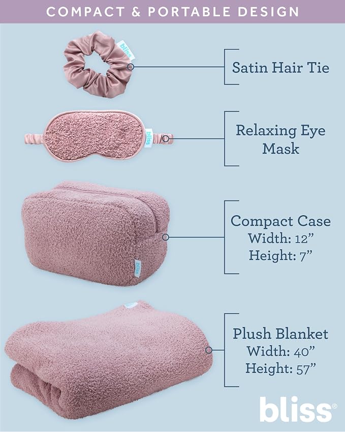 Bliss Womens Travel Blanket Set 4 Piece Microfiber, Sleep Mask & Case | Packable Kit Includes a Satin Hair Tie, Soft Throw Doubles As a Pillow in Its Carry Pouch, Great for Flights or Road Trips - Image 3