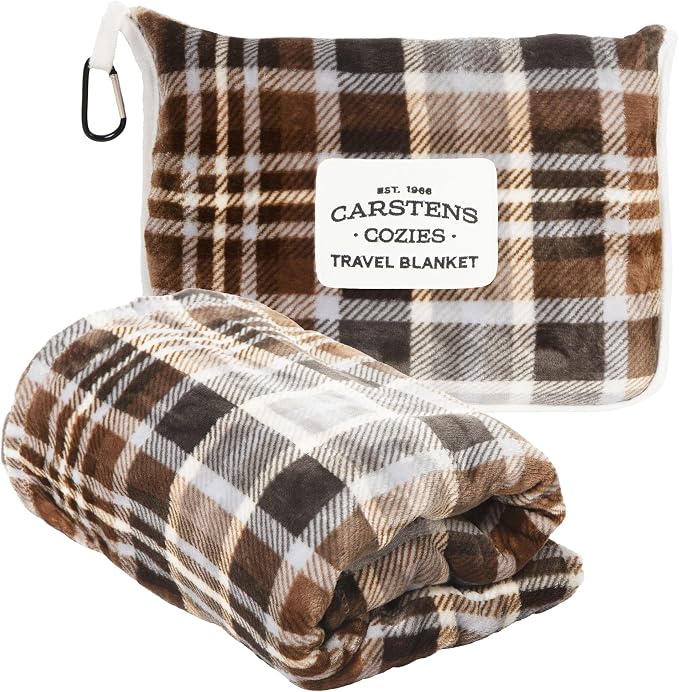 Carstens, Inc. Travel Blanket, Premium Compact 2-in-1 Airplane Blanket/Pillow, Grey & Chestnut Plaid by Carstens