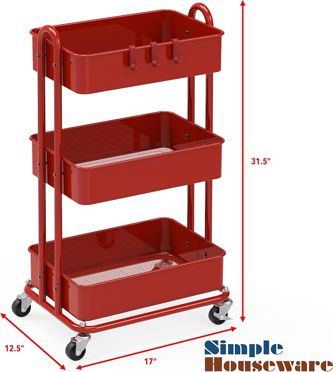 Simple Houseware 3-Tier Heavy Duty Metal Utility Rolling Cart, Red - Image 6