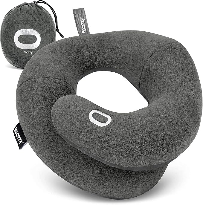 BCOZZY Travel Neck Pillow for Airplane – Patented Double Support for Head, Neck, and Chin. Best for Long Flights, Plane Sleeping, and Car Rides. Adjustable Size. Fully Washable. Carry Bag. Large, Gray by BCOZZY