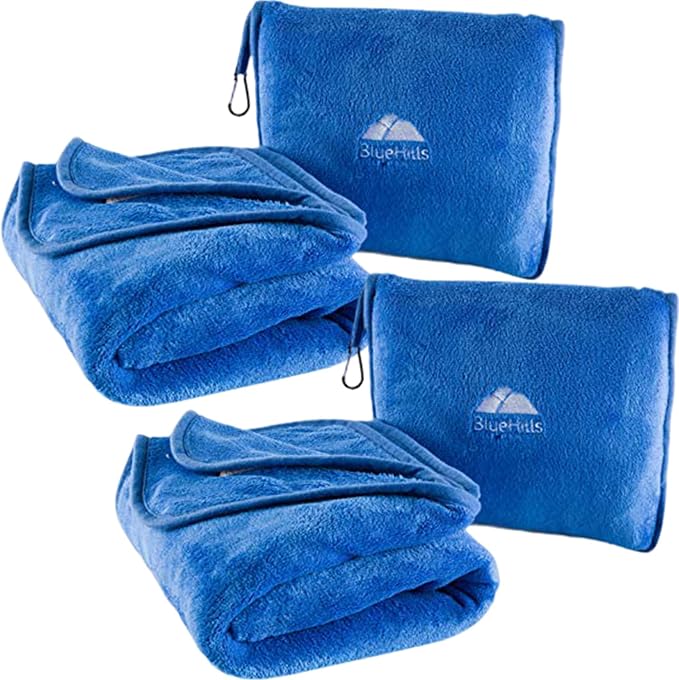 BlueHills Premium Soft 2 Pack Travel Blanket Set for Two Plane - Royal Blue | Travel Set Blanket/Pillows, Soft Bag Pillowcase, Hand Luggage Belt & Backpack Clip, Compact & Packable, Traveling Essentials by BlueHills