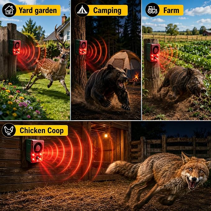 ChunHee Solar Outdoor Motion Sensor Alarm Dog Barking Gunshot Sound 130dB | Support Recording and Adjustable Volume,Loud Noise Maker 3 Work Modes Strobe Light for Home, Villa, Farm, Barn (6pack) - Image 9