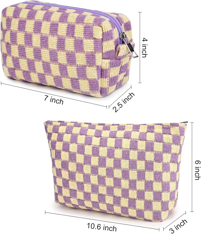 SOIDRAM 2 Pcs Checkered Makeup Bag Large Cosmetic Bag Toiletry Bag Makeup Pouch Travel Bag Organizer Cute Makeup Brushes Aesthetic Accessories Storage Bag for Women Purple - Image 3