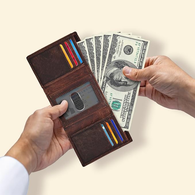 Real Leather Mens Trifold Wallet RFID Blocking Slim Minimalist Front Pocket - Thin & Stylish with ID Window in Gift Box - Image 4