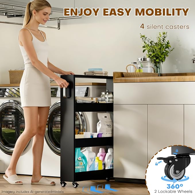 Slim Storage Cart, Lightweight 4 Tier Metal Rolling Utility Kitchen Cart on Wheels, Mobile Storage Shelving Unit Organizer for Bathroom Laundry Office Narrow Places (4 Tier-Black, 6" D) - Image 3