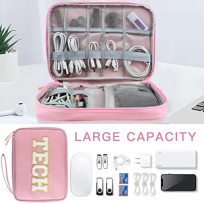 COSHAYSOO Electronics Bag Case Cable Cords Organizer Travel Essentials for Women College Teen Girls Vacation Dorm Accessories Preppy Personalized Gift (Large Pink) - Image 4