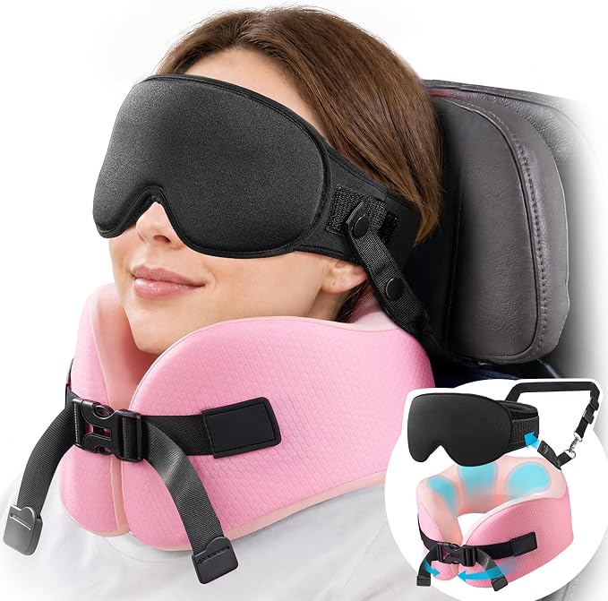 YFONG Travel Pillow with 3D Sleep Mask for Long Flights Airplane, Pink | Patented 360° Ergonomic Sleeper Hold Head Support System, Memory Foam Neck Pillow, Prevents Head Bobbing, Adjustable Strap by YFONG